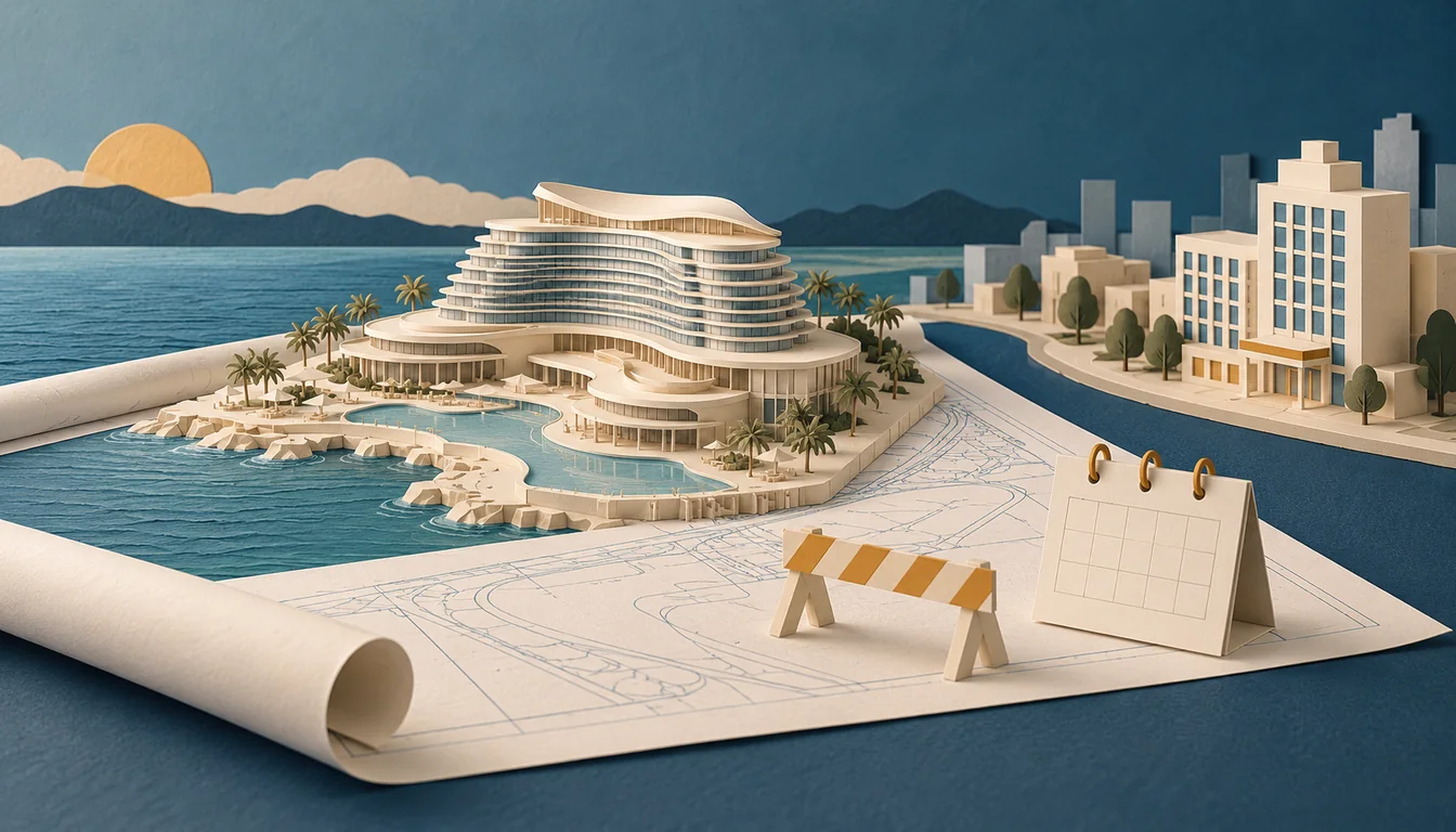 Conceptual illustration distinguishing planned hotels from present accommodation